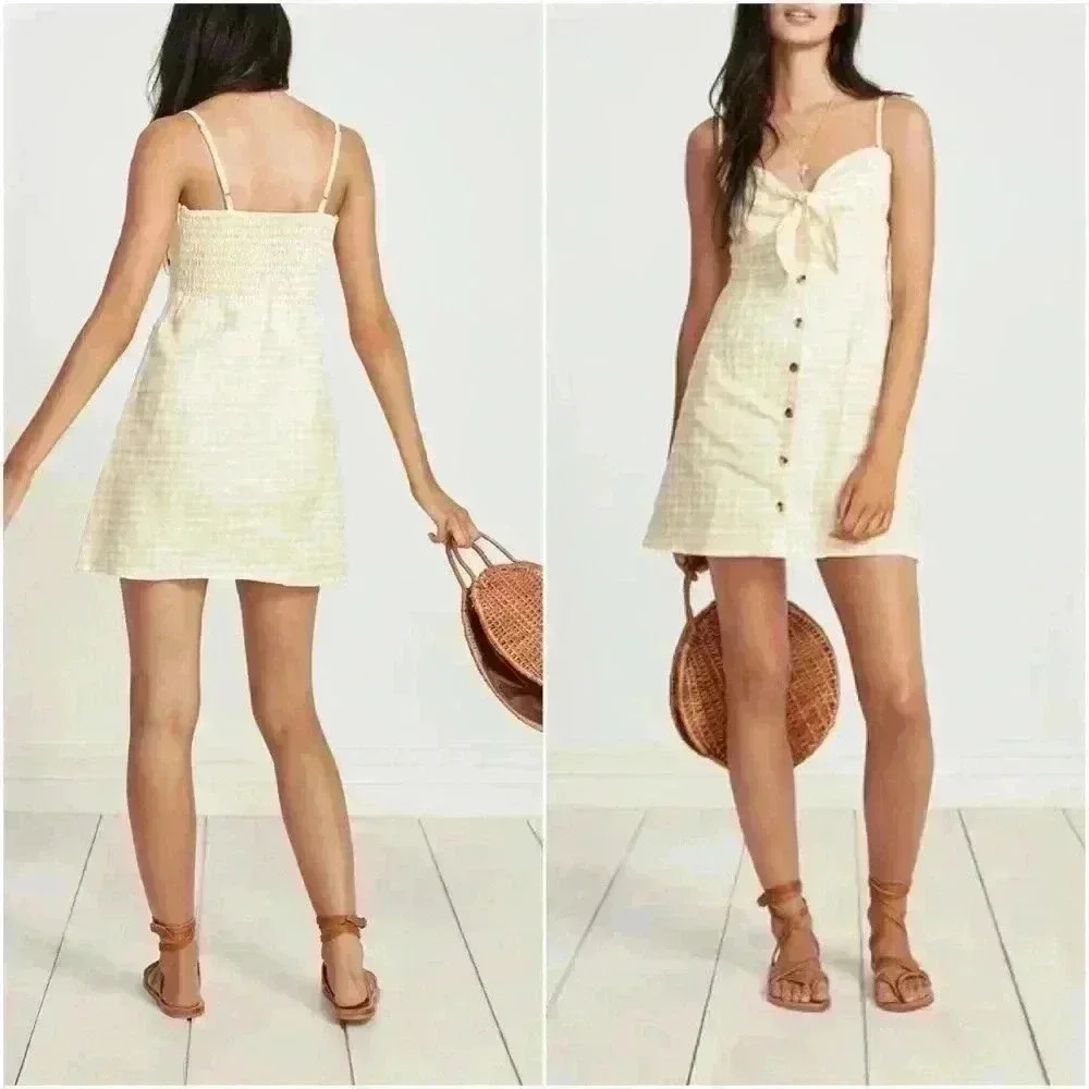 Faithful the Brand Rodeo Pink Linen Button Up Tie-Front Mini Skater Summer Dress - Picture 13 of 15